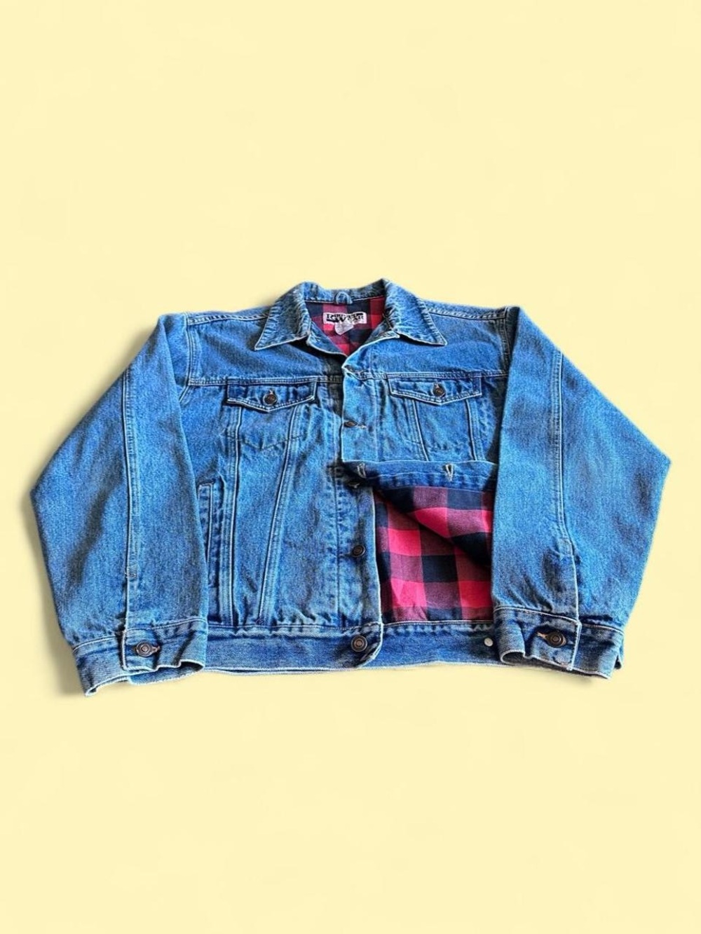 Vintage Rugged Wear Buffalo Plaid Lined Denim Jacket Western Men’s Size L